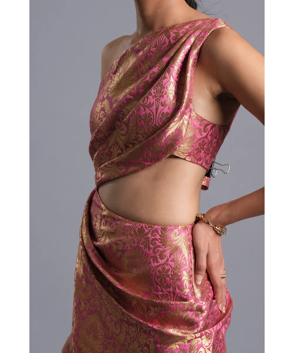 AASTHA SOOD - Bubblegum pink Asymmetric Brocade Dress